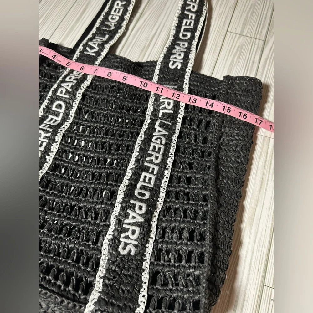 Karl Lagerfeld Paris Antibes Black Woven Straw Tote Bag Logo Straps - Picture 5 of 7